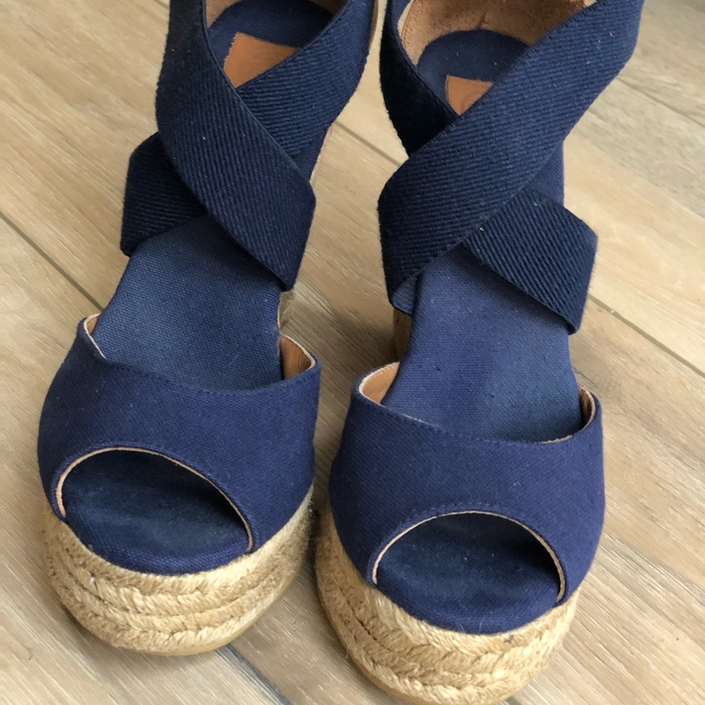 Tory Burch | Canvas Cork Espadrille Wedge Sandals | Peep Toe | Navy